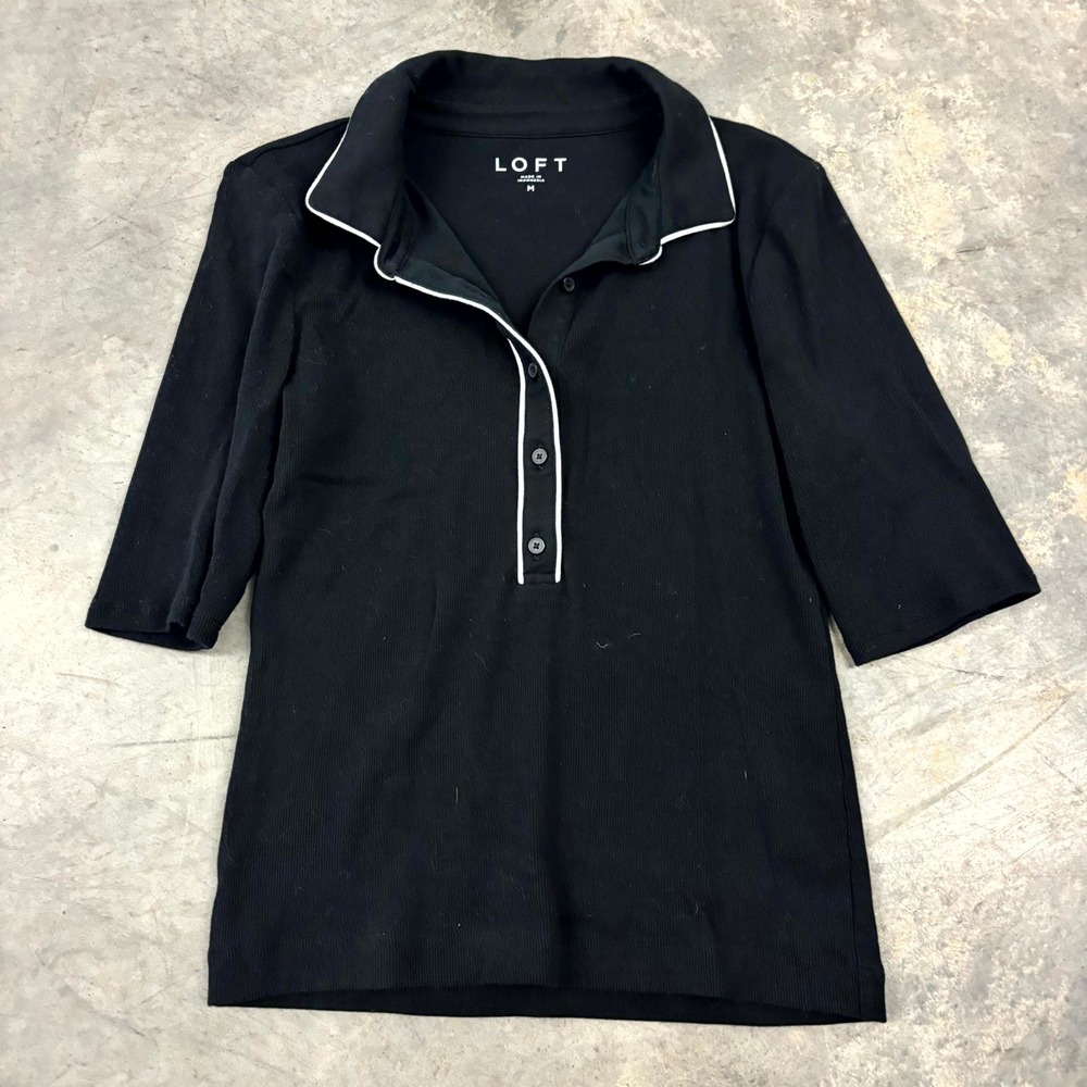 Loft Womens Black Ribbed Knit Polo Top White Contrast Trim Elbow Sleeve Size M